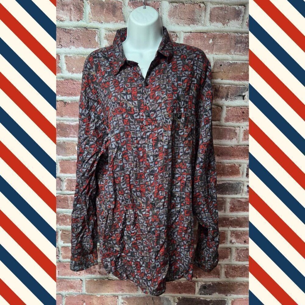 Women's CLASSIX Vintage Geometric Button Up Long‎ Sleeves Rayon Shirt Large